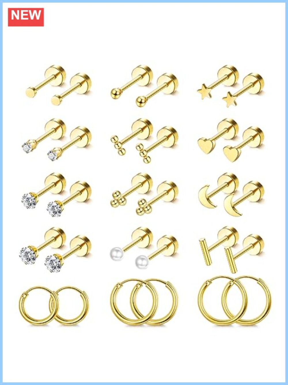14K Gold Plated Flat Back Stud Earrings Hypoallergenic Screw Back Cartilage Set